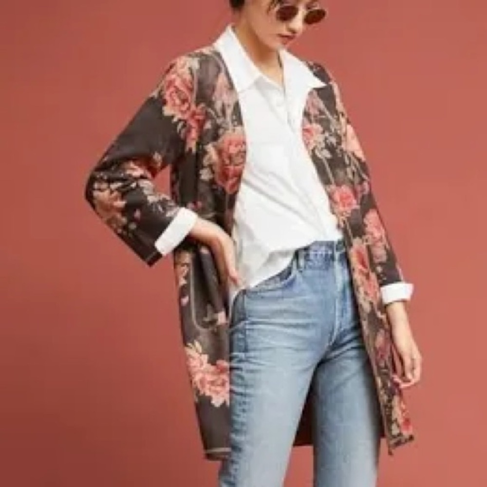 ANTHROPOLOGIE Solitaire Floral Faux Suede Open Front Jacket Duster Blazer Size S
